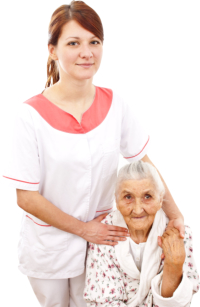 senoor woman with her caregiver smiling